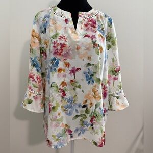 Alfred Dunner White Floral V-Neck Tunic with Multi-Color Blooms